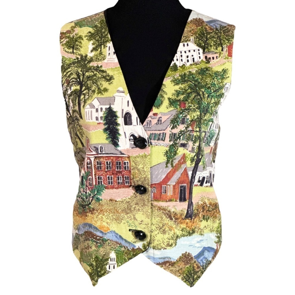 Vintage Adornments Village Print Tapestry Button Front Vest Multicolor Sz Medium